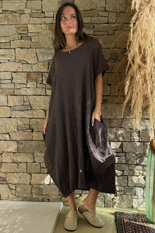 Salcombe Chalk Stripe Cotton Cocoon Dress Chocolate